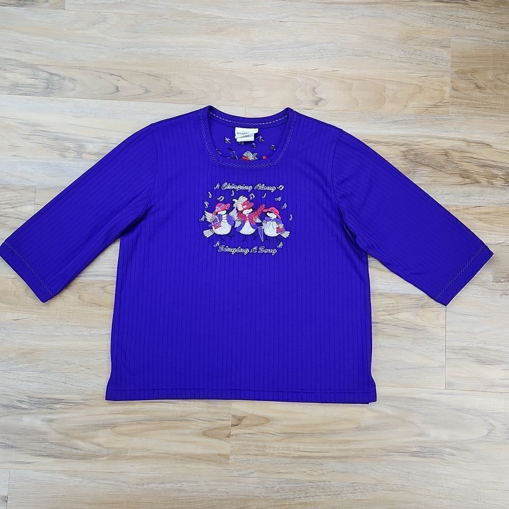 🔹️Vintage BonWorth Purple Embroidered Red Hat Society Birds Top Petite XSmall